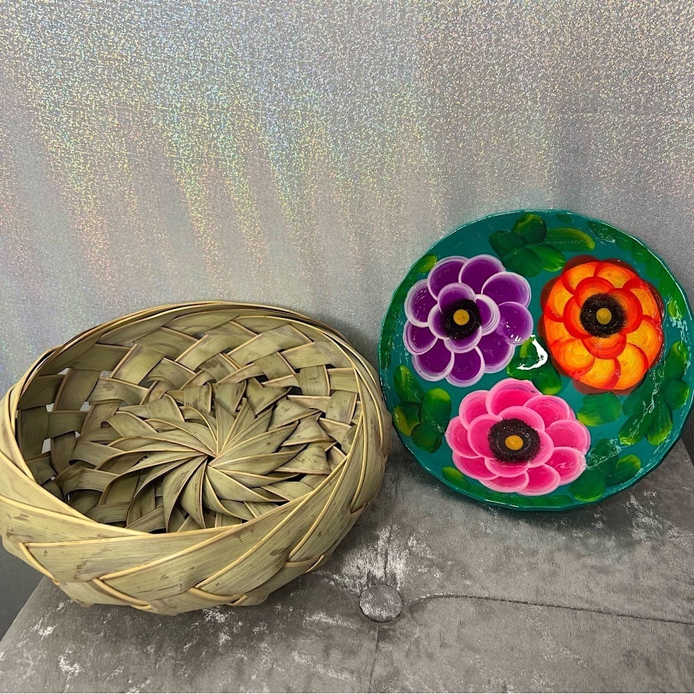 2 bowls Mexican  floral day of the dead style and handmade boho bowl bamboo💜🩷